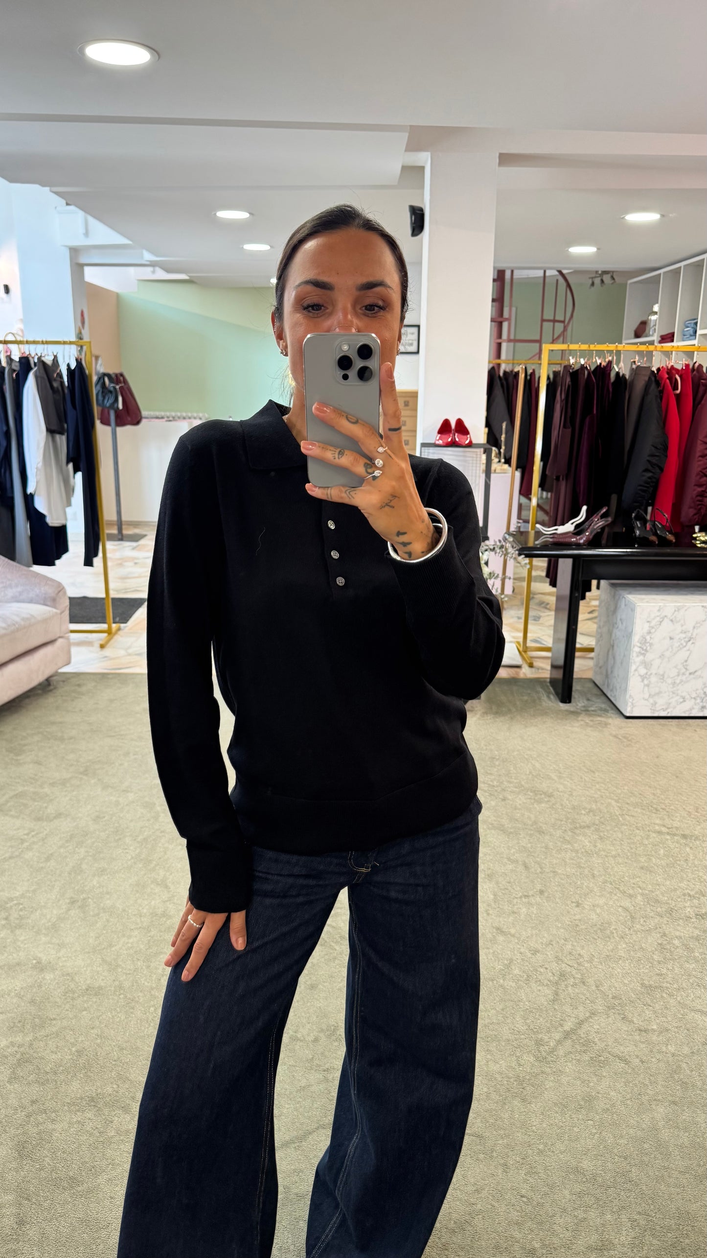 Polo nera maniche lunghe in lana sl
