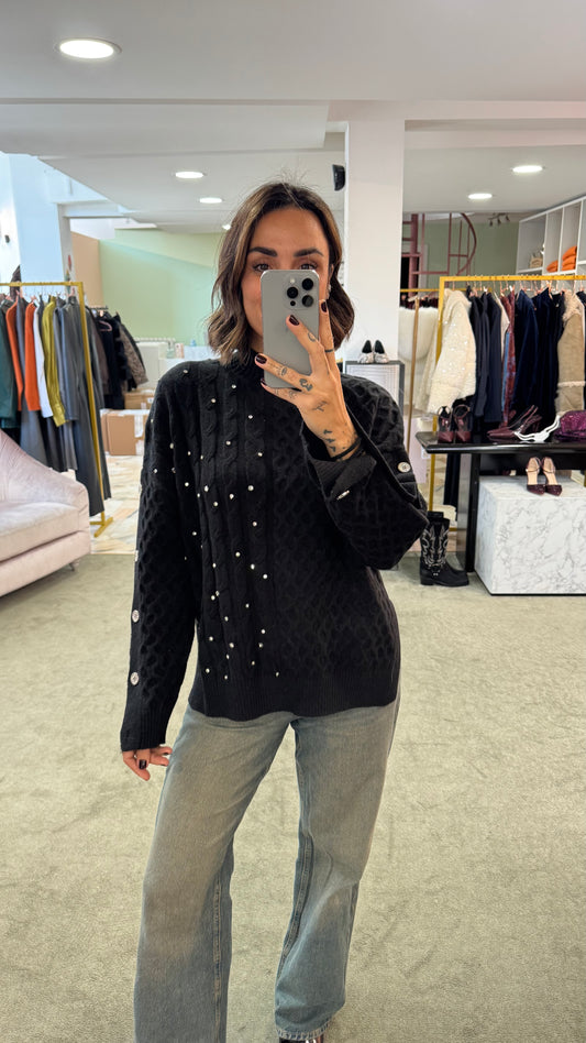 Maglione nero a trecce con pietre fr