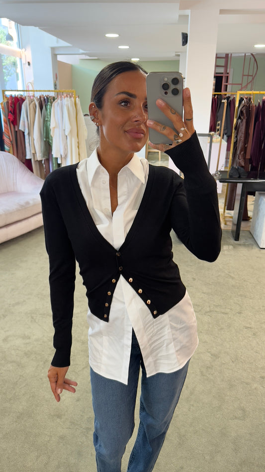 Cardigan crop nero con bottoncini oro fr