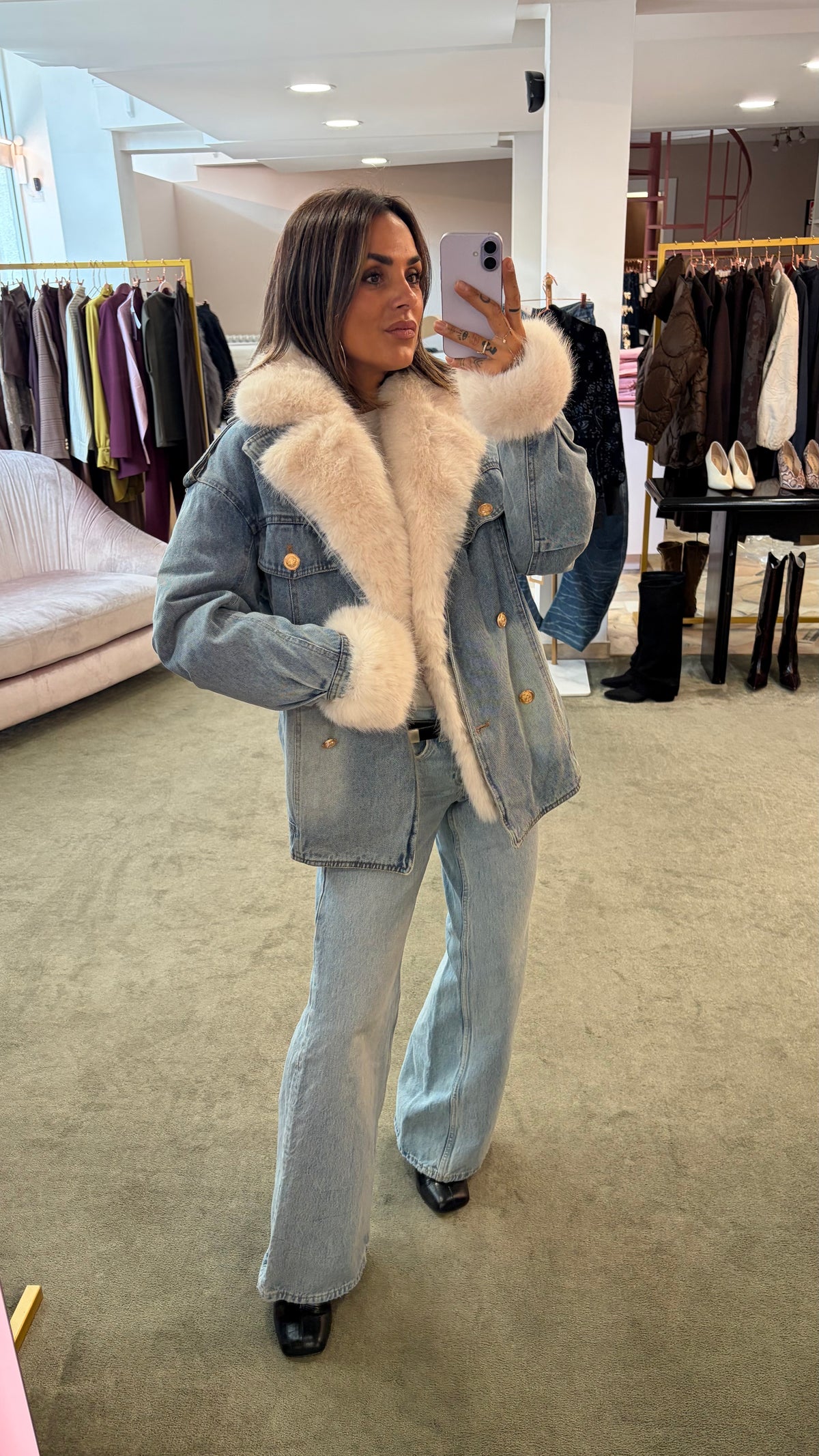 Giacca in denim con ecopelliccia panna fr