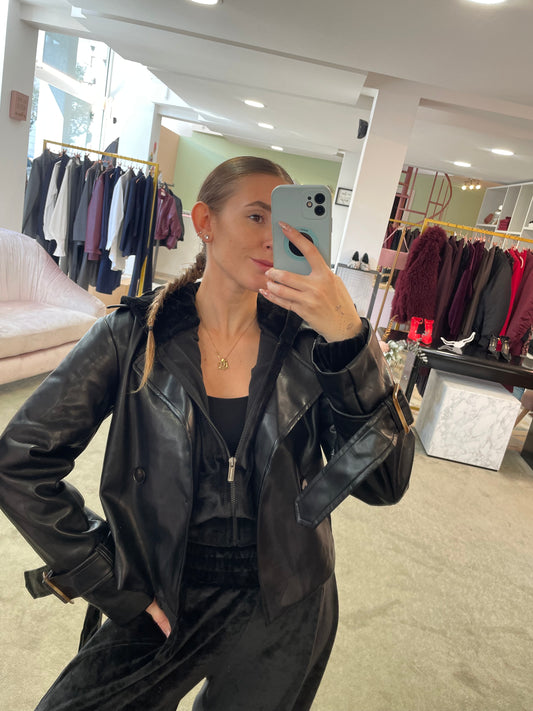 Trench mini  nero crop in ecopelle gl