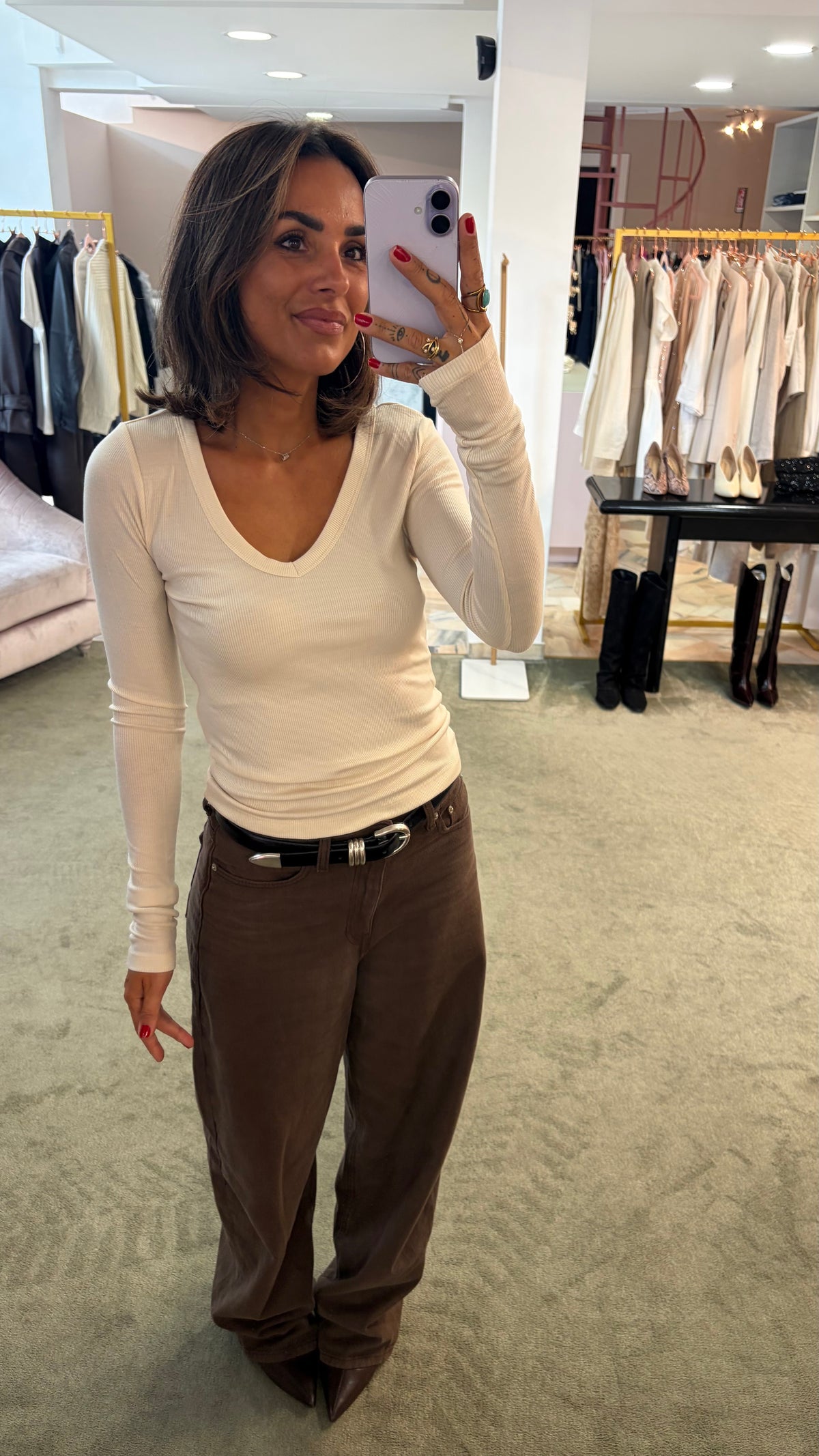 T-shirt dream crema scollo a v manica lunga a costine aw