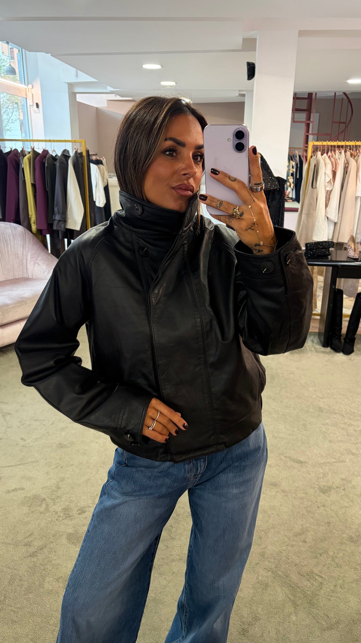 Giacca aviator nero in pelle con elastico in vita sl