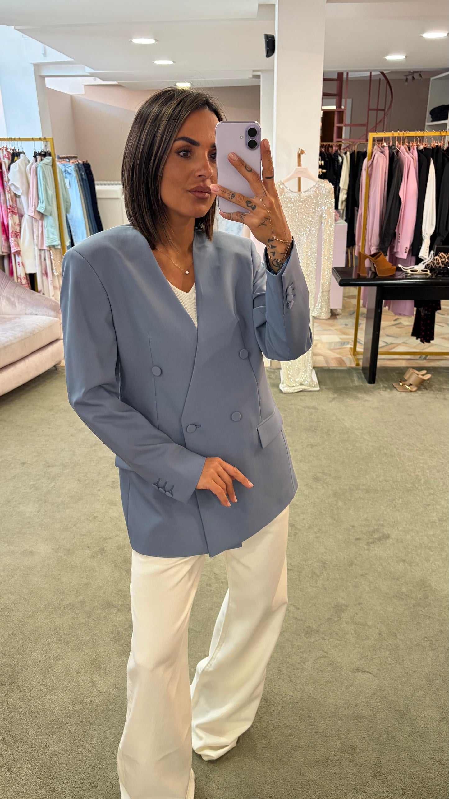 Blazer celeste doppiopetto senza rever Marsem