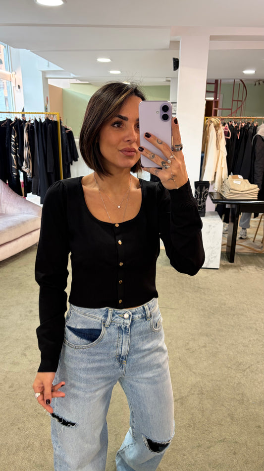 Cardigan mini nero scollo squadrato fr