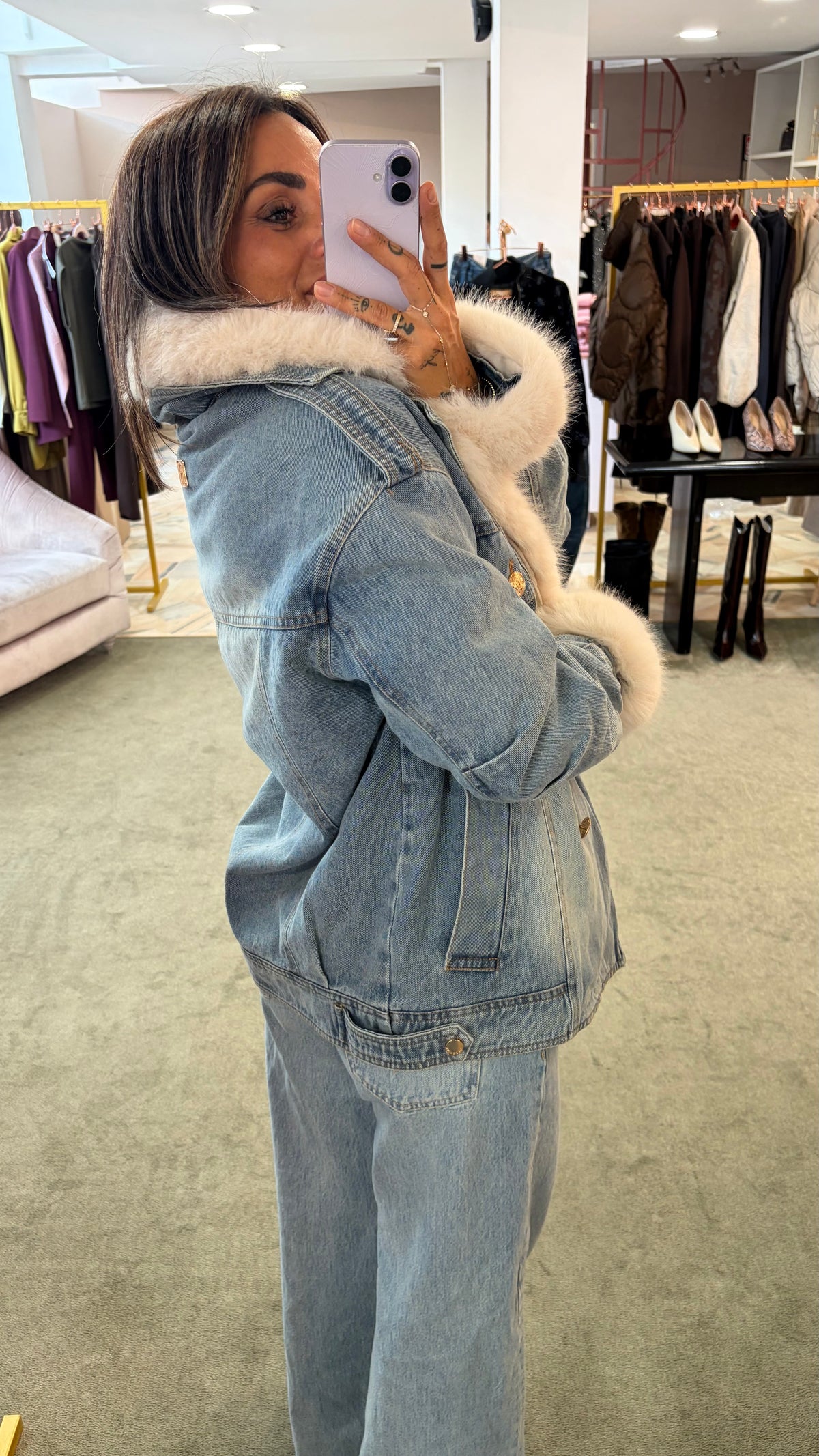 Giacca in denim con ecopelliccia panna fr