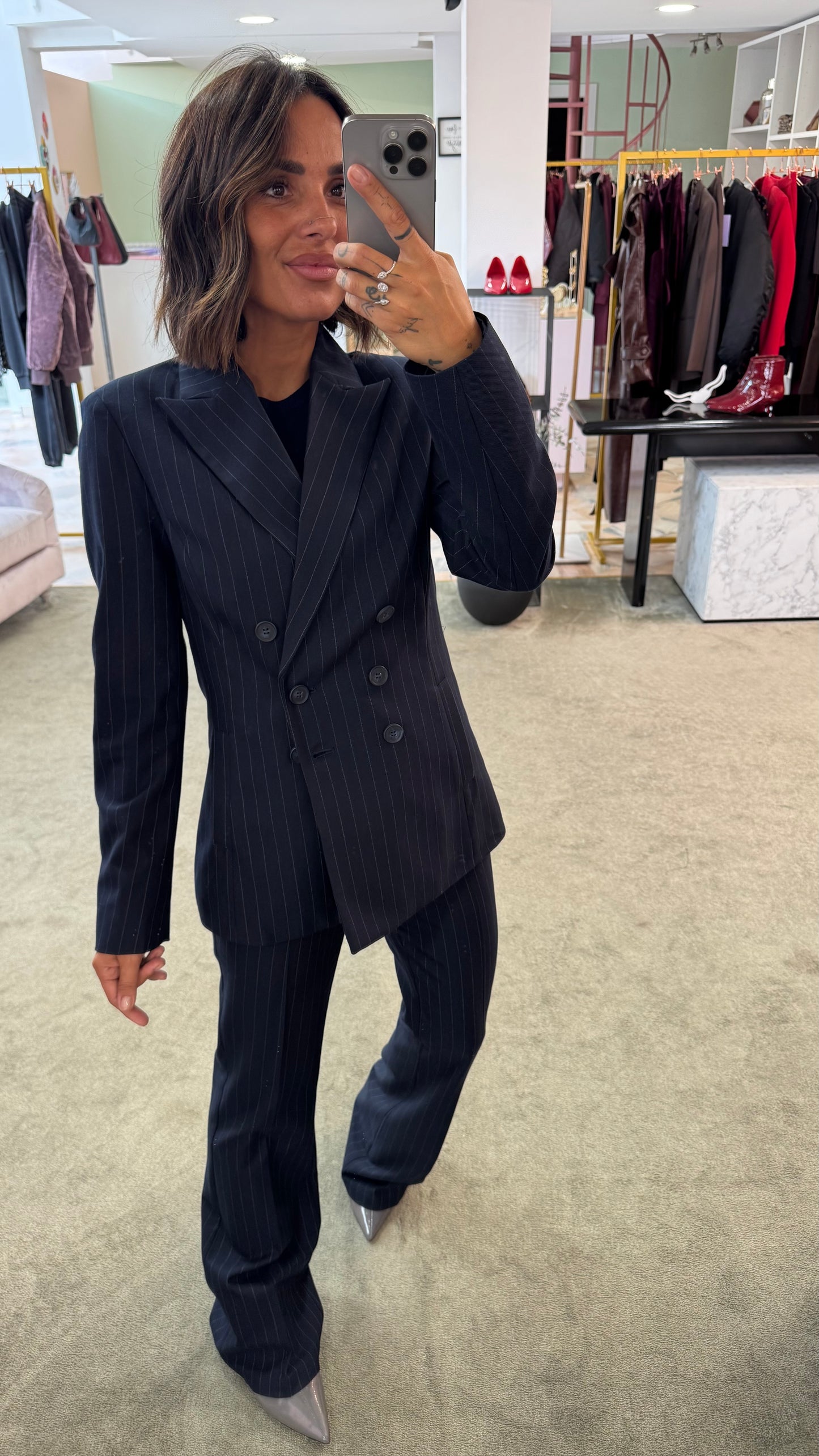 Pantaloni blu gessati a zampa fr
