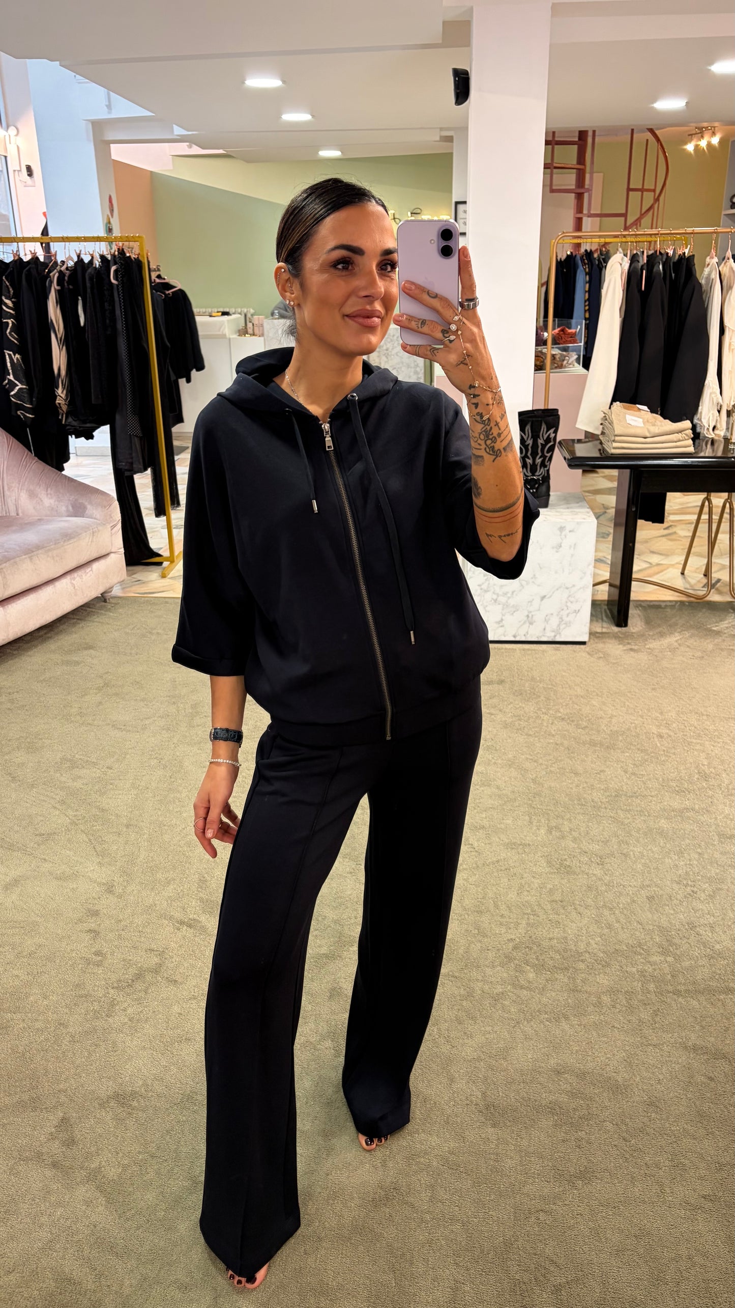 Felpa blu notte in modal mezza manica con cappuccio sy