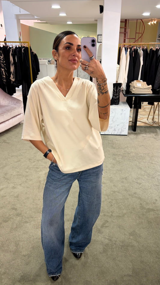 Felpa t-shirt scollo a v in modal panna mezza manica sy