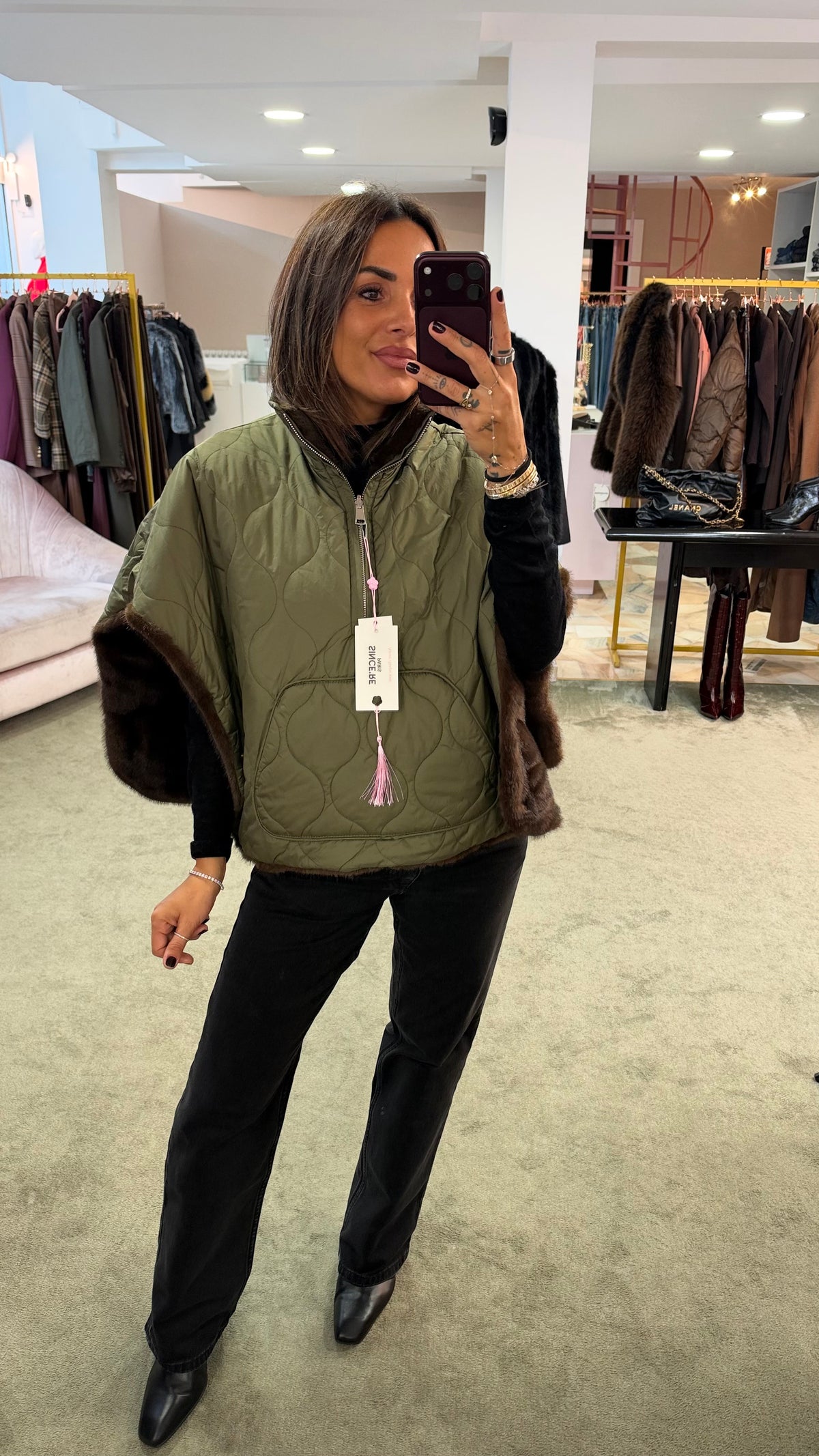 Cappa verde militare reversibile con eco pelliccia marrone sp