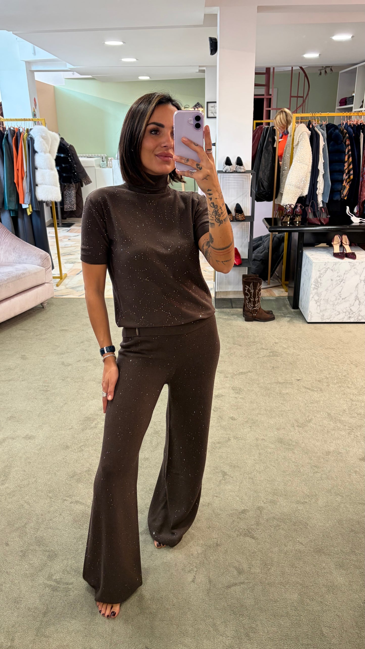 Pantaloni marroni testa di moro Hinnominate in maglia con micropaillets