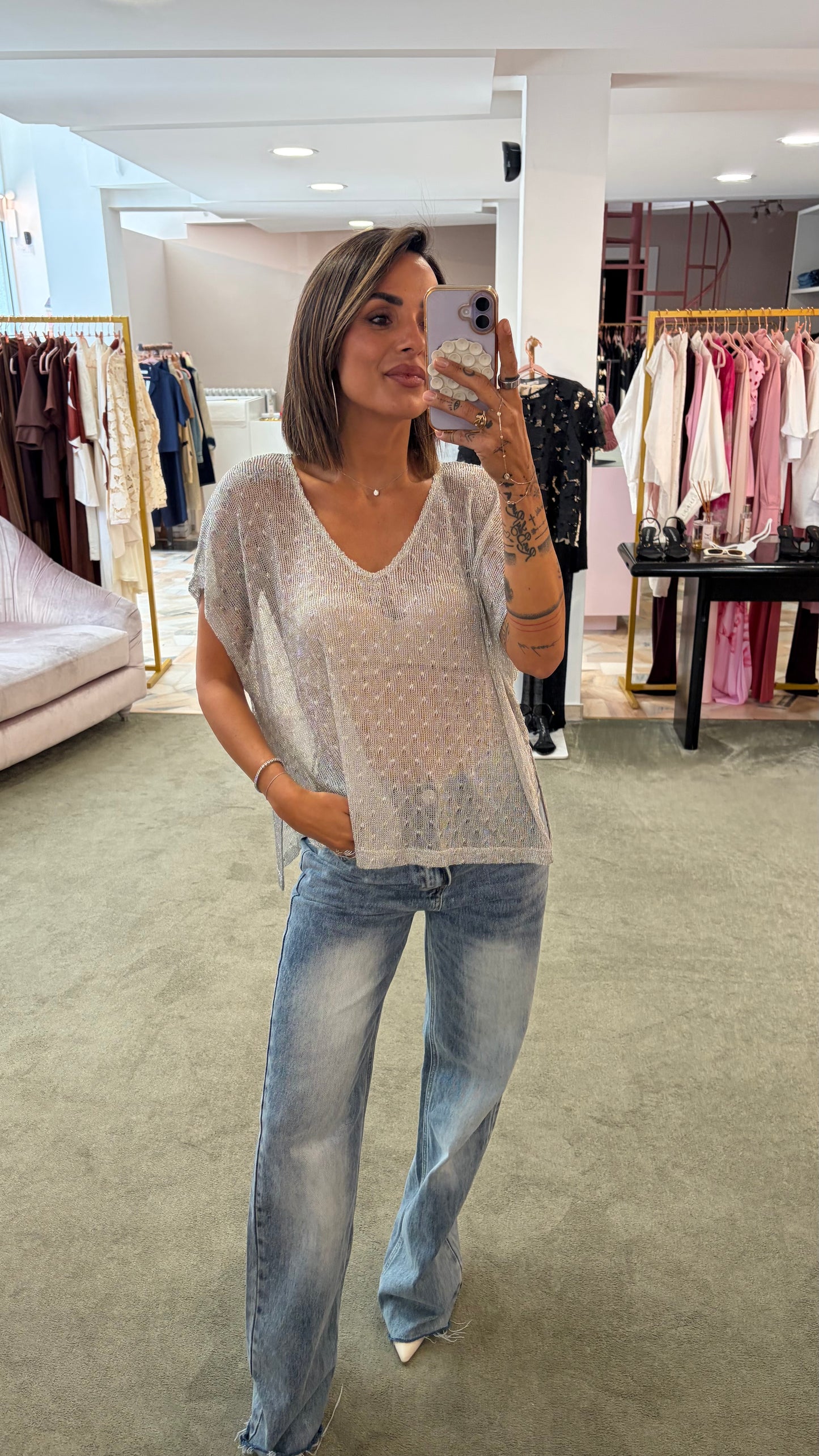 Maglia scollo a v argento in lurex manica scesa ay