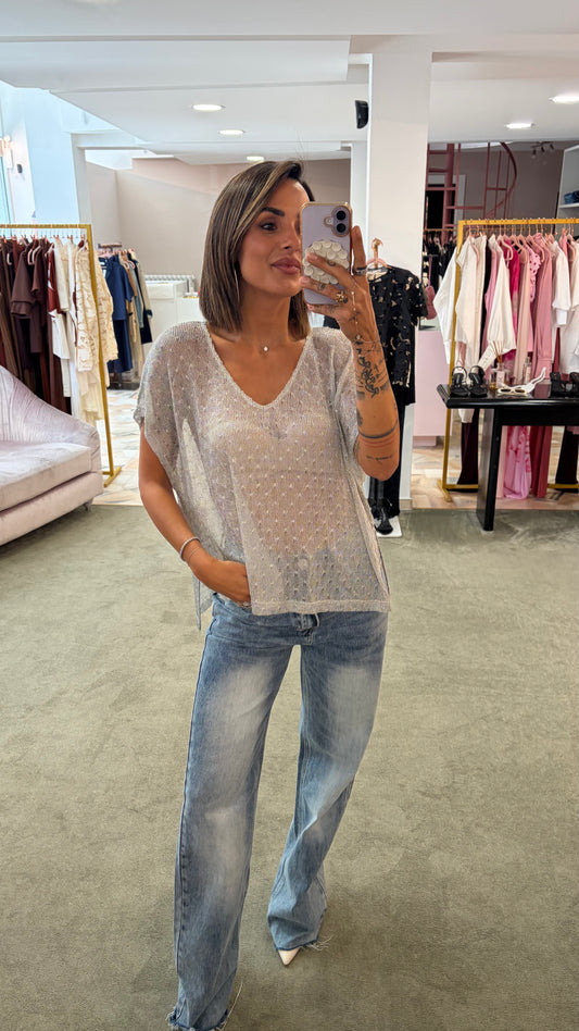 Maglia scollo a v argento in lurex manica scesa ay