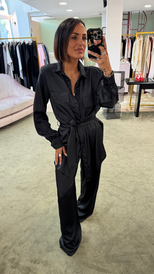 Maxi blusa nera con cintura in satin ks
