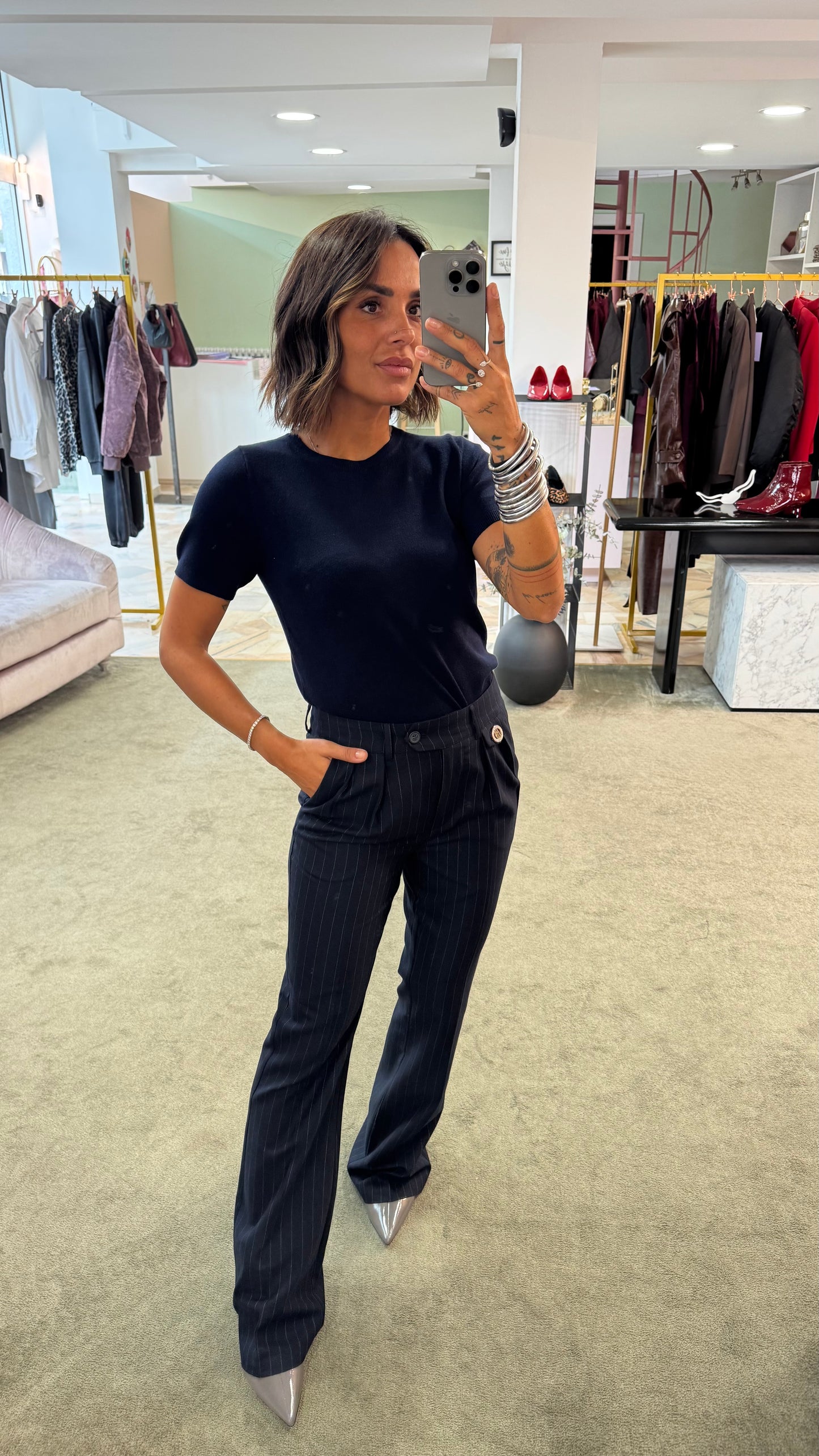 Pantaloni blu gessati a zampa fr