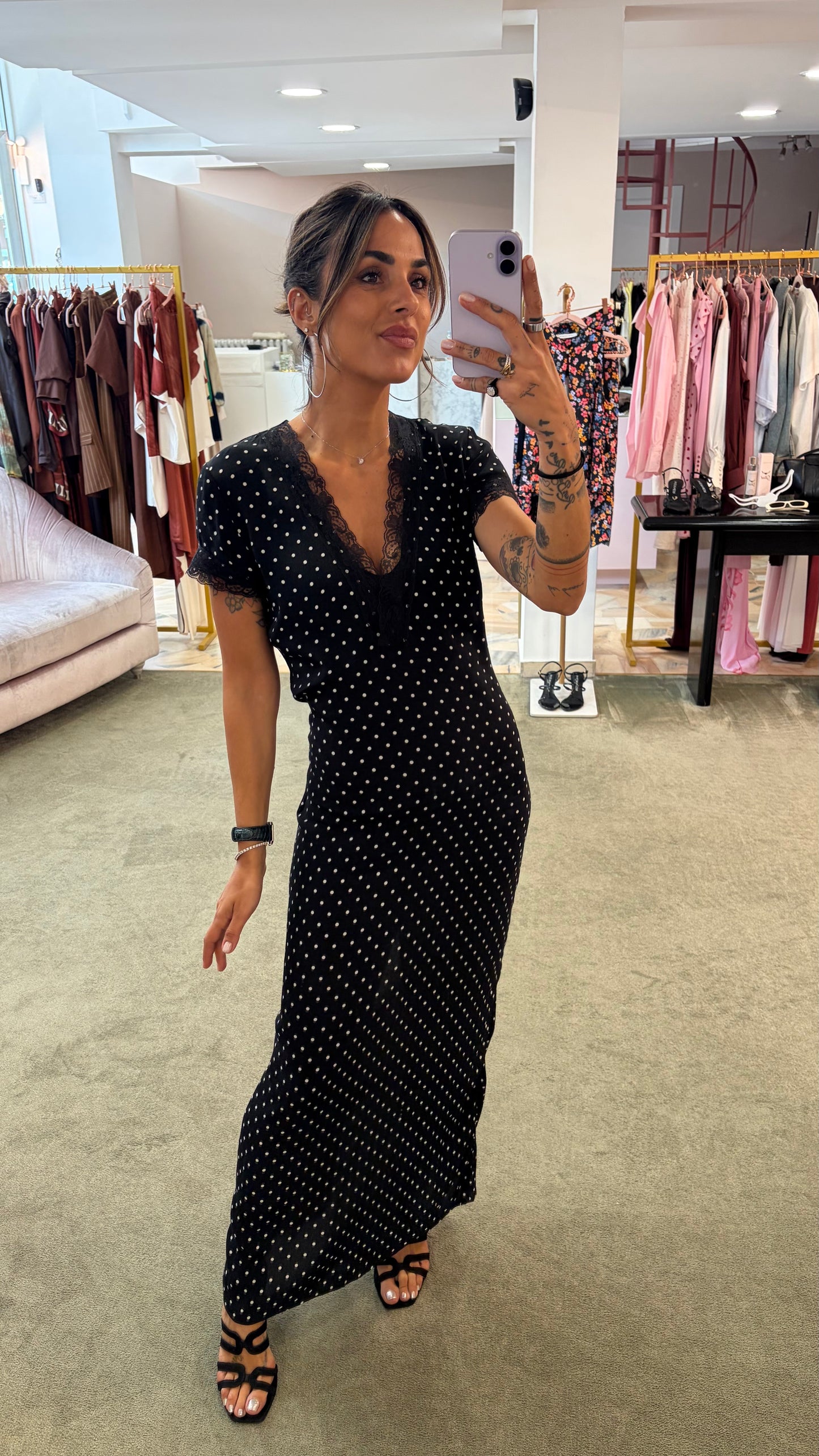 Abito raya midi MAR DE MARGARITAS nero a pois con pizzo