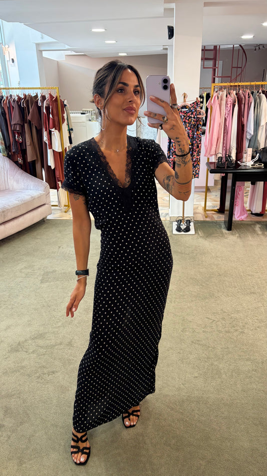 Abito raya midi MAR DE MARGARITAS nero a pois con pizzo