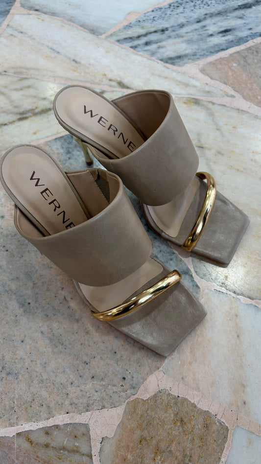 Mules sabot sabbia doppia fascia e tacco oro