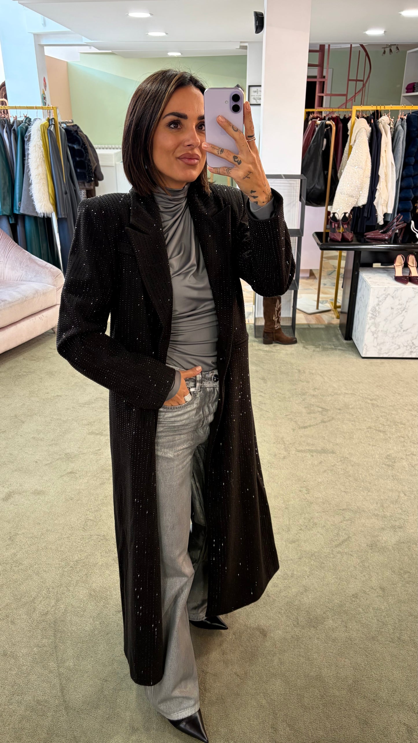 Cappotto lungo nero cristalli tw