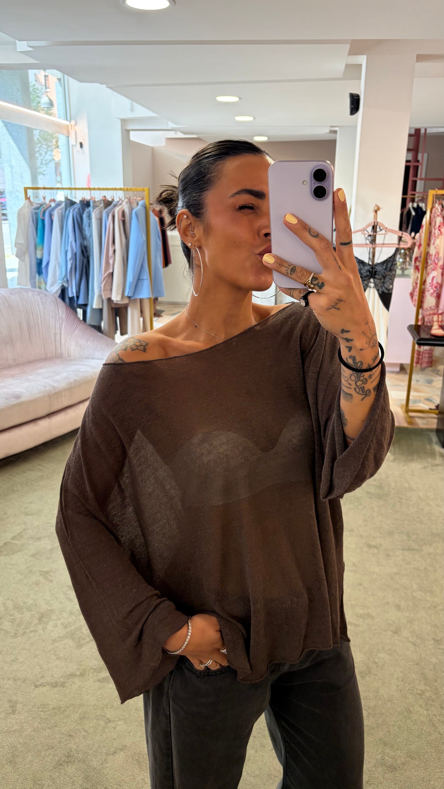 Maglia marrone cacao scollo a barchetta in lino fy