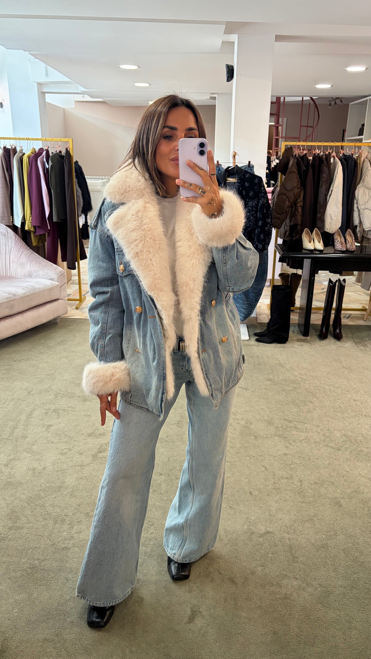 Giacca in denim con ecopelliccia panna fr