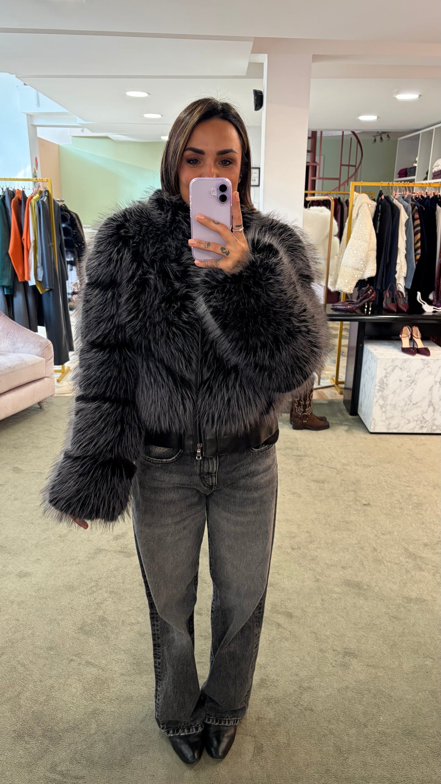 Bomber in pelliccia eco grigio luxury effetto fox un