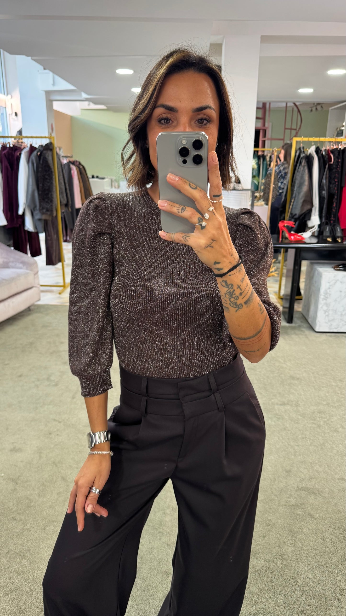 Maglia marrone lurex maniche a sbuffo gl