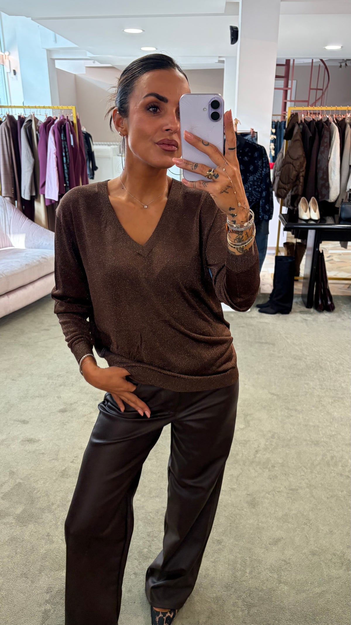 Maglia marrone lurex scollo a v maniche lunghe fr
