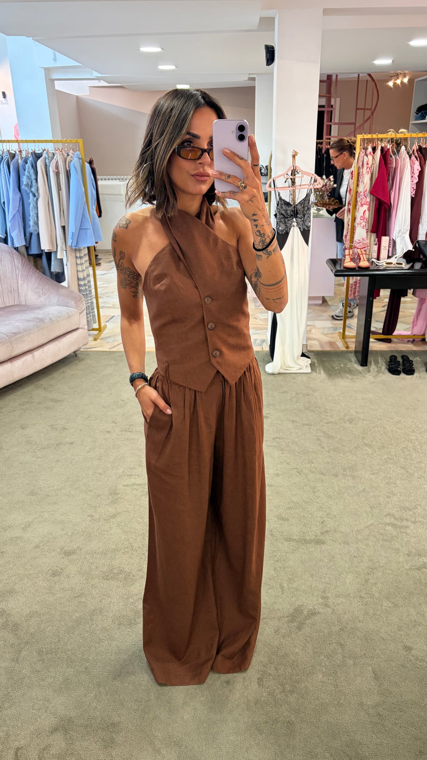 Gilet tabacco incrociato in lino Hinnominate