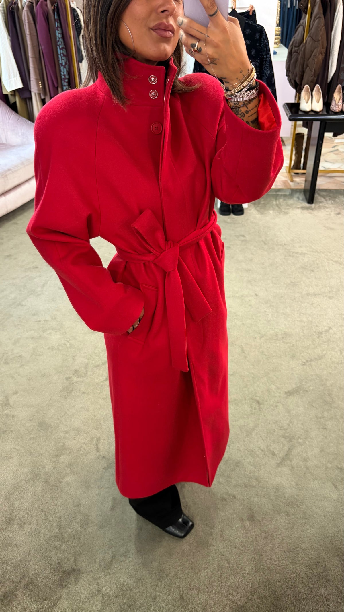 Cappotto lungo rosso con cintura Actualee