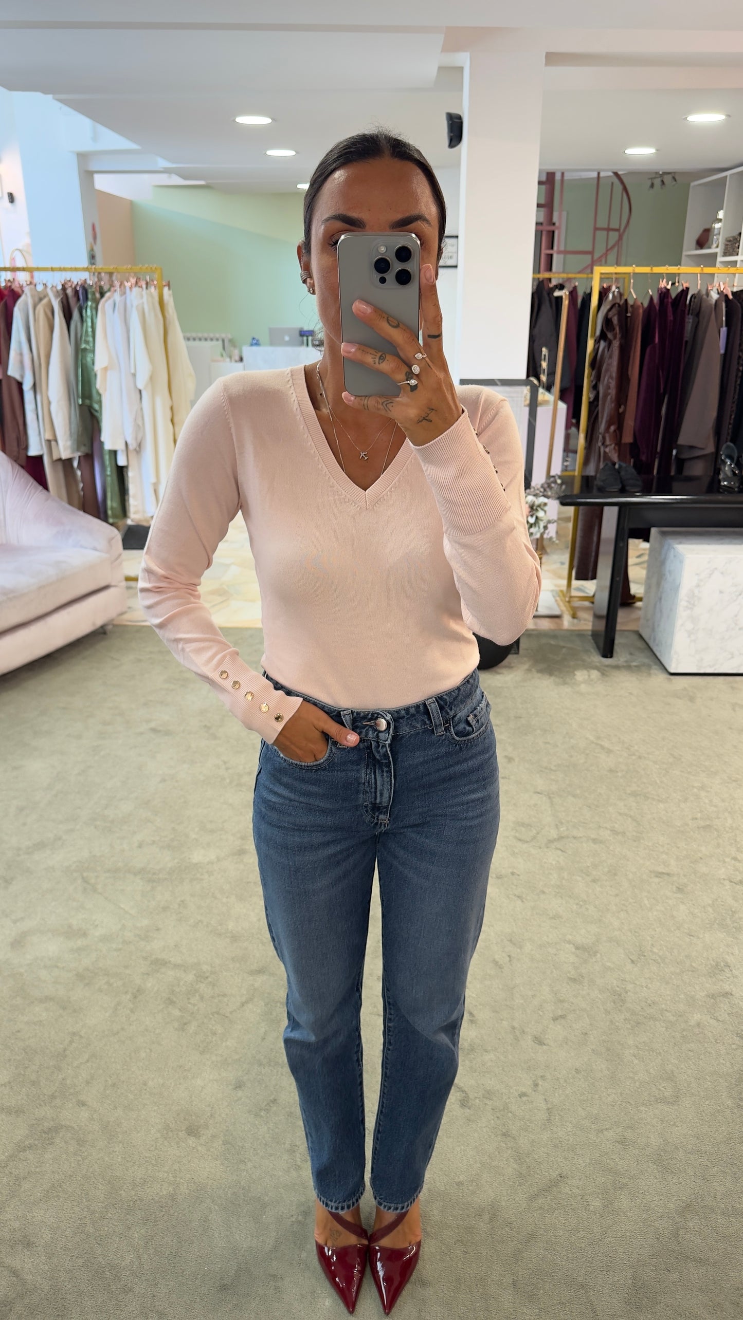 Maglione rosa baby scollo a v in viscosa fr