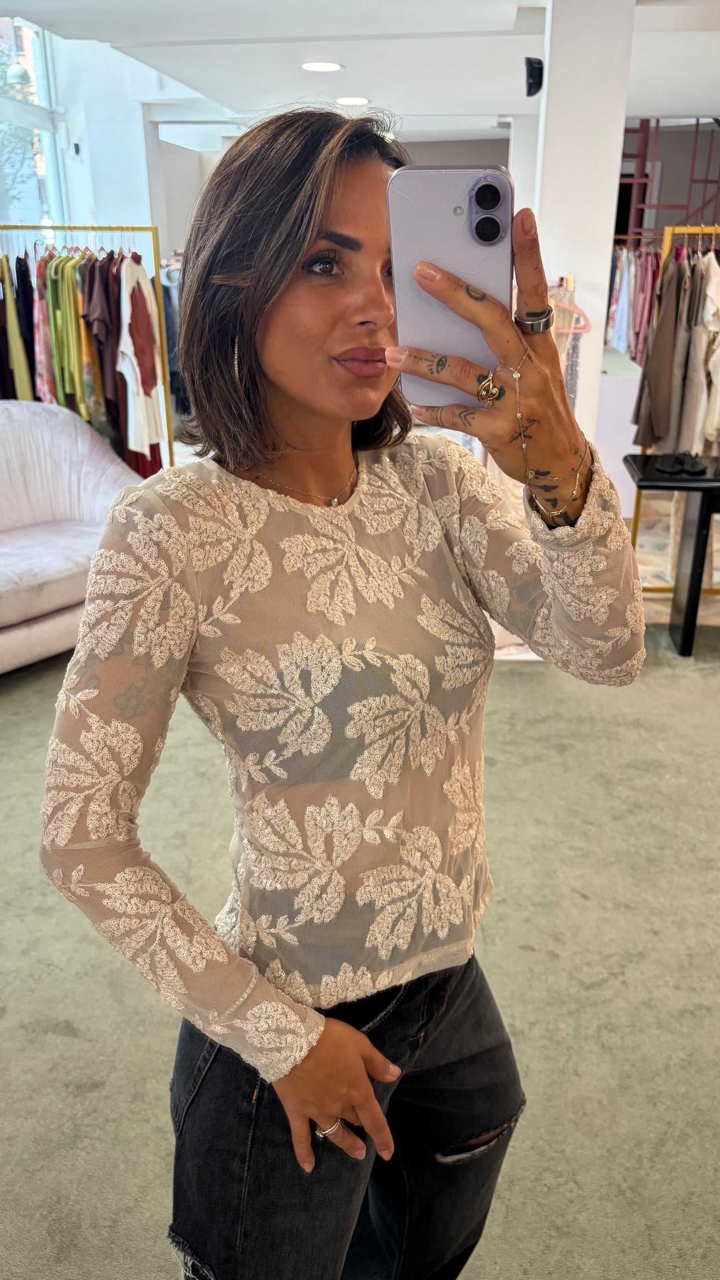Maglia nude manica lunghe con ricami perline fr