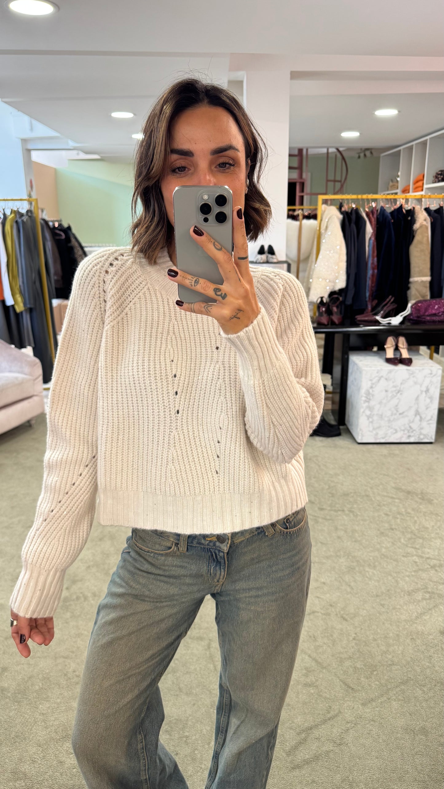 Maglione panna costine con micropaillettes lh