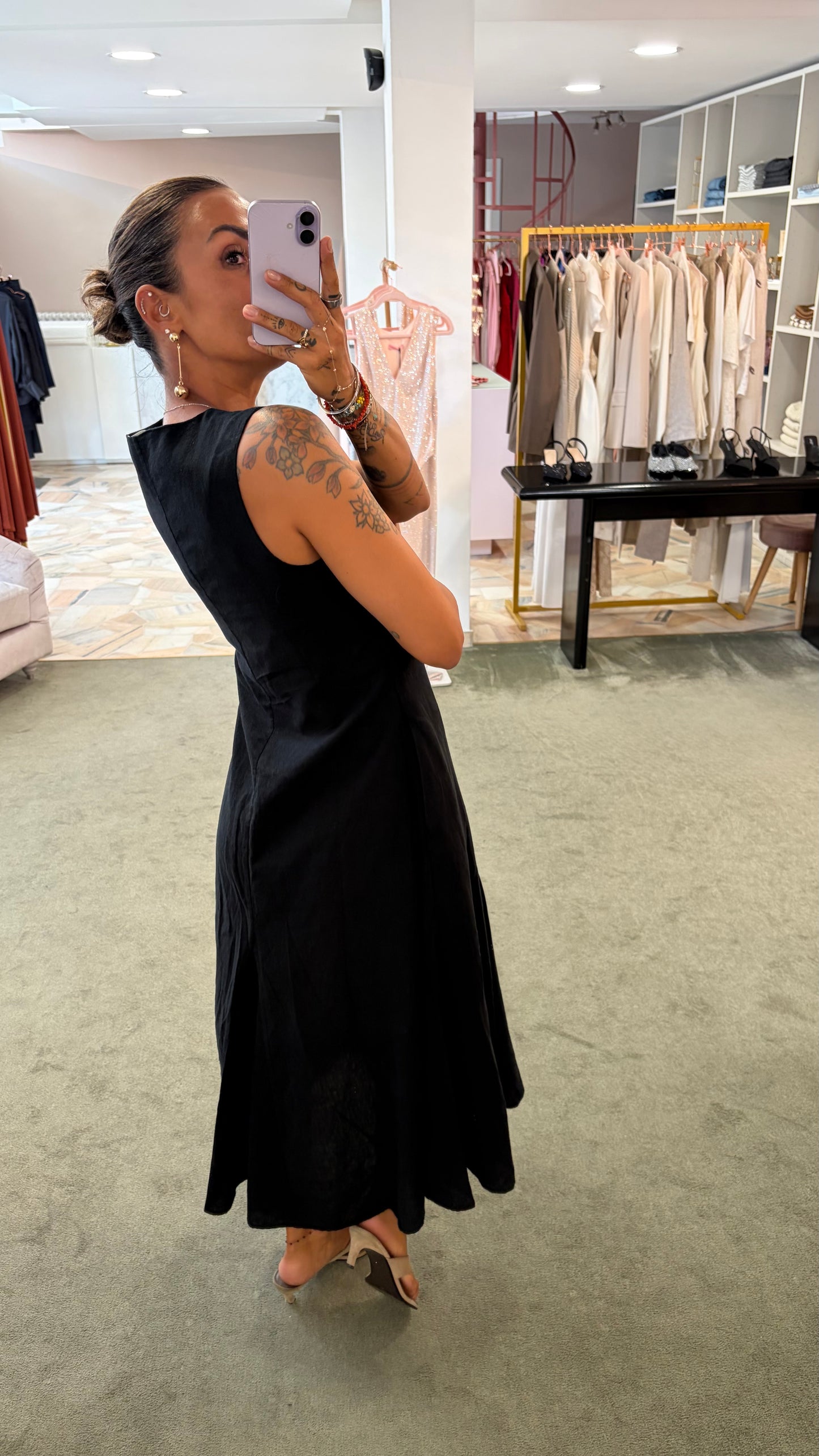 Abito midi nero scollo a v misto lino sl