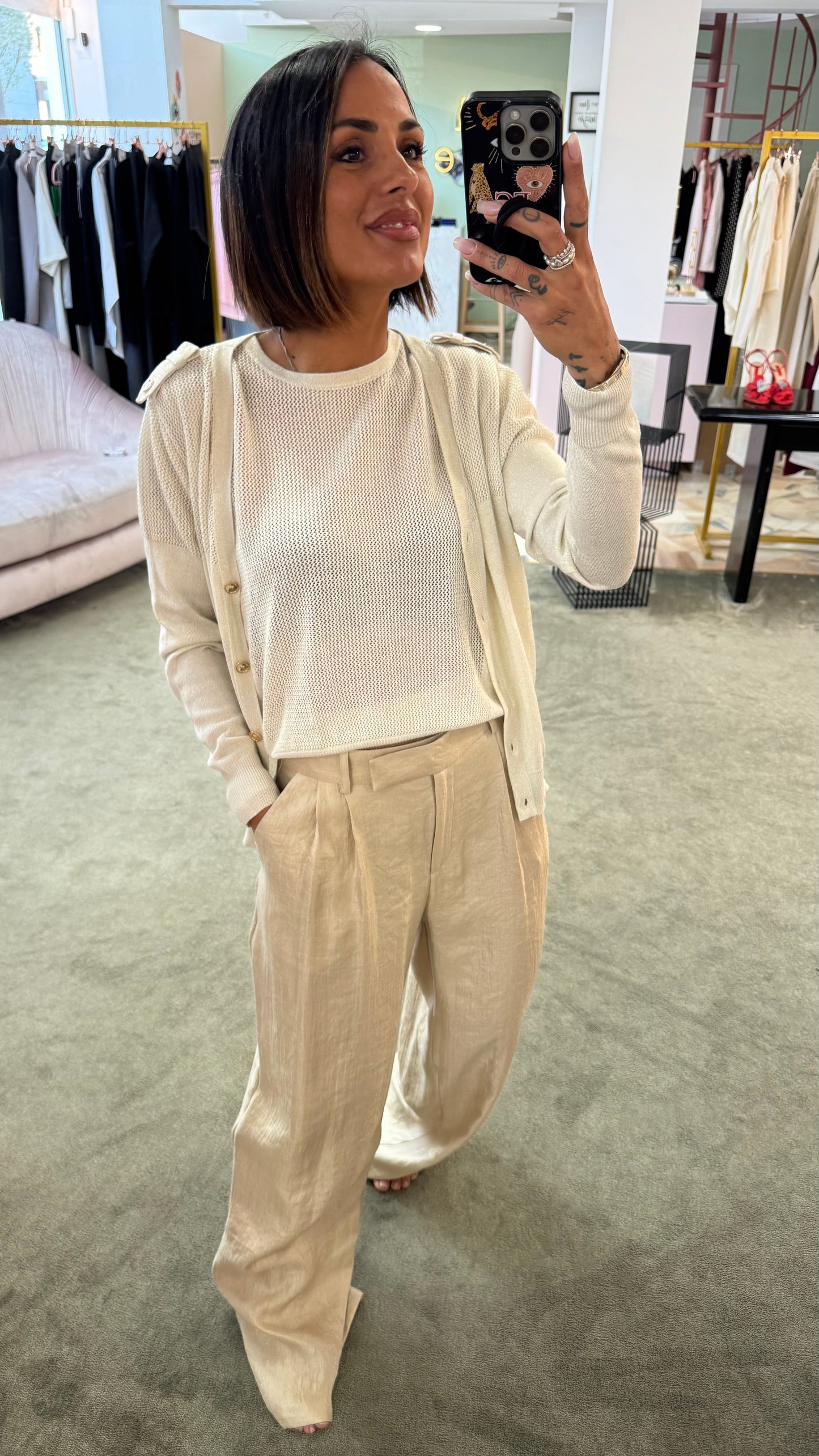 Pantaloni beige lurex a palazzo con pences Actualee