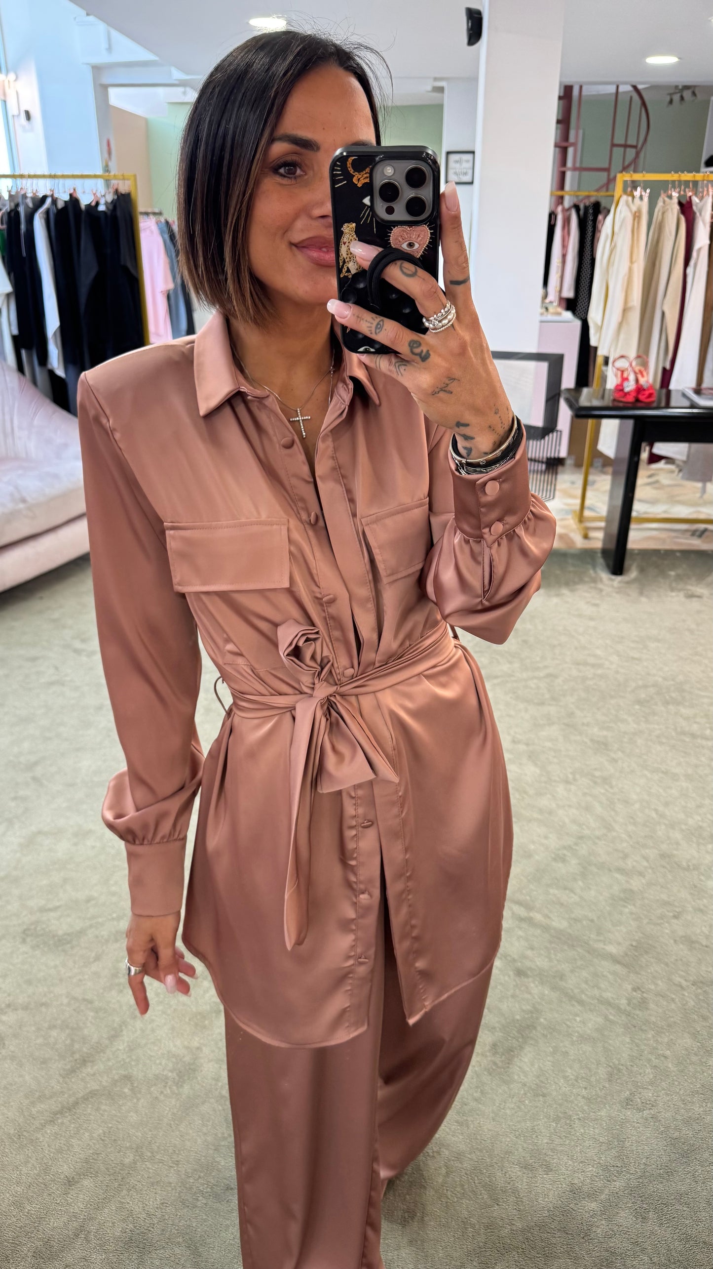 Maxi blusa rosa blush con cintura in satin ks