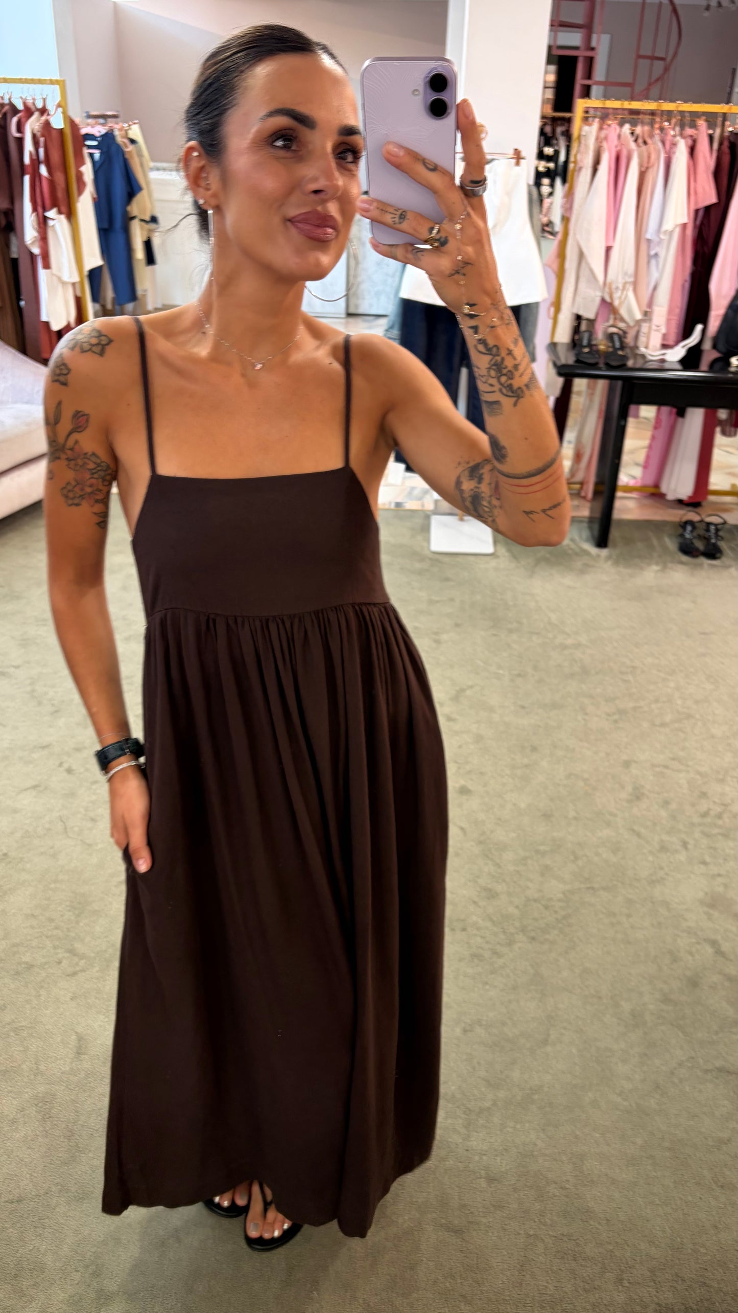 Abito midi marrone in viscosa e lino jx