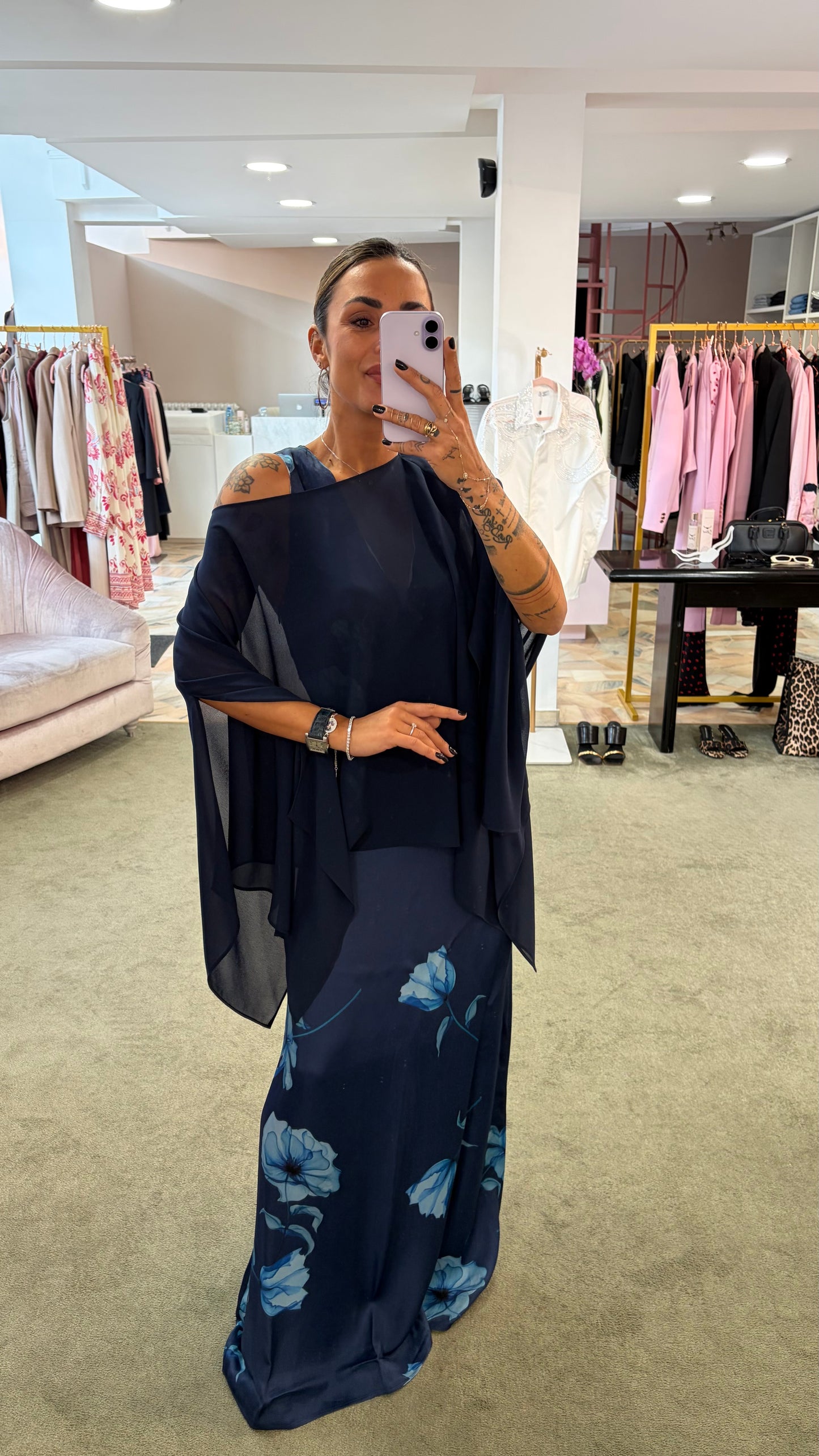 Abito ines lungo MAR DE MARGARITAS blu con fiori azzurri