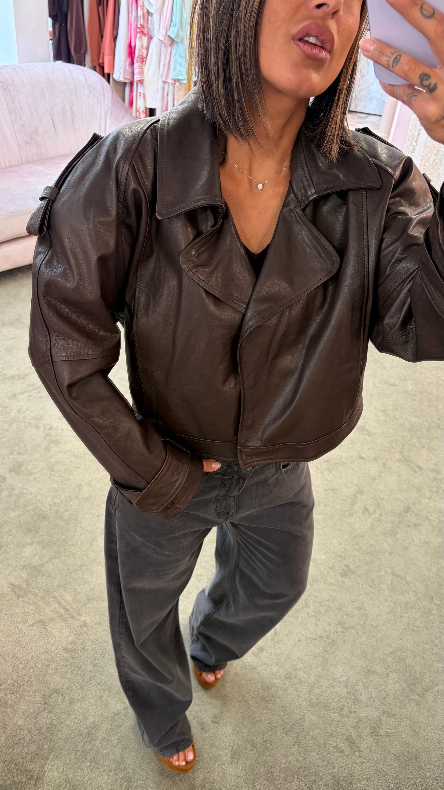 Giacca chiodo crop marrone in pelle vera Marsem