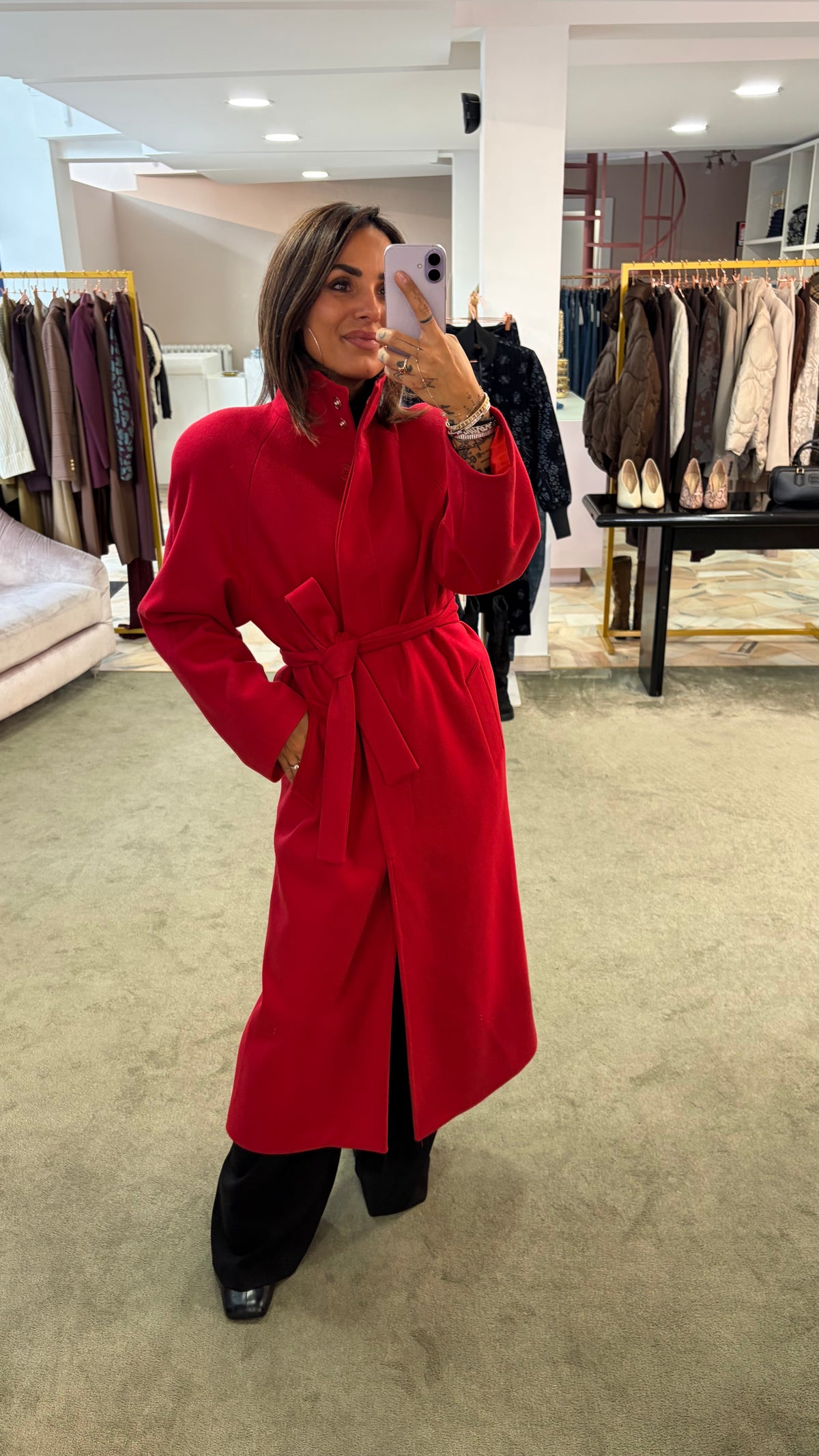 Cappotto lungo rosso con cintura Actualee