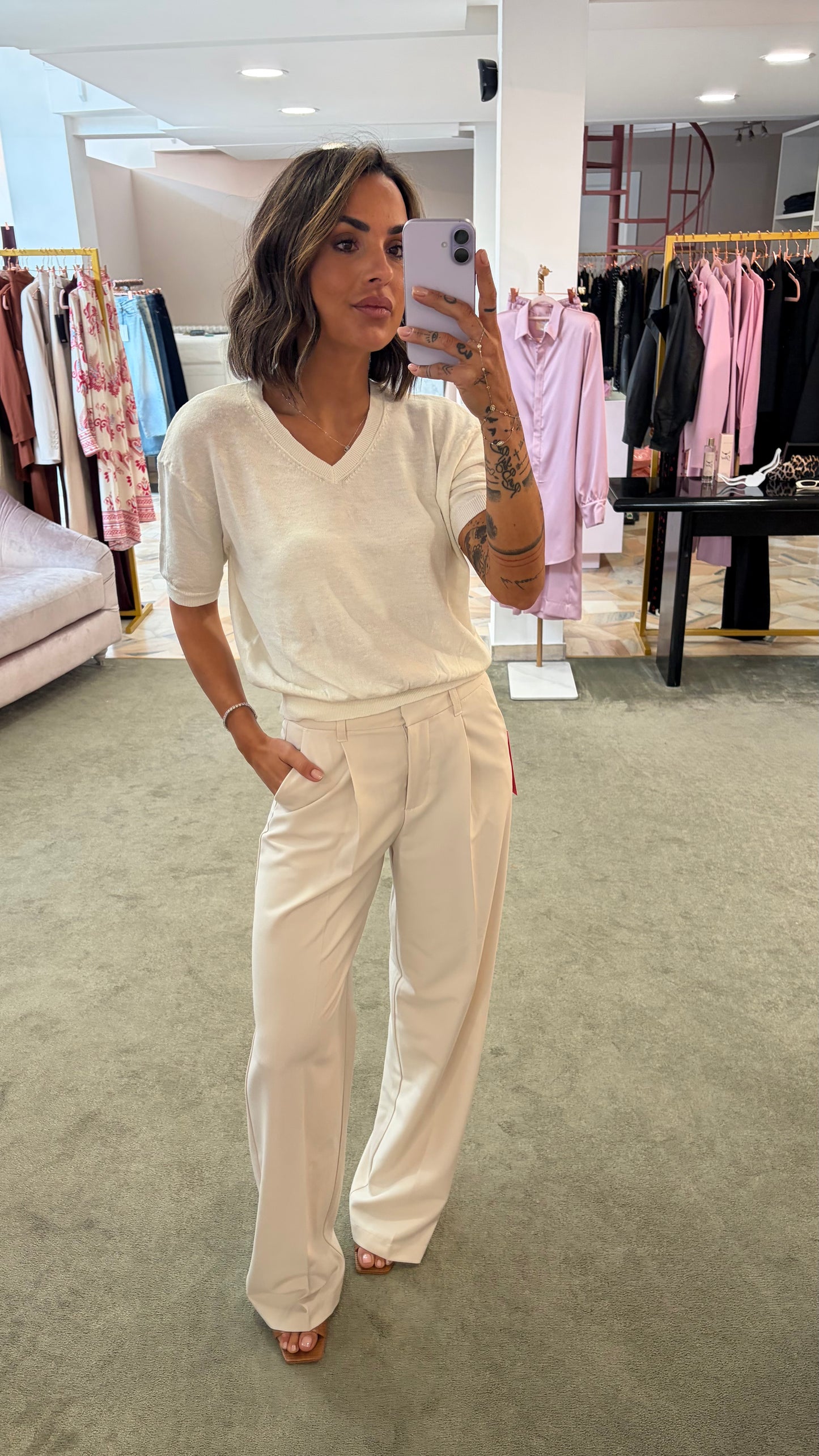 Maglia scollo a v panna manica corta glp