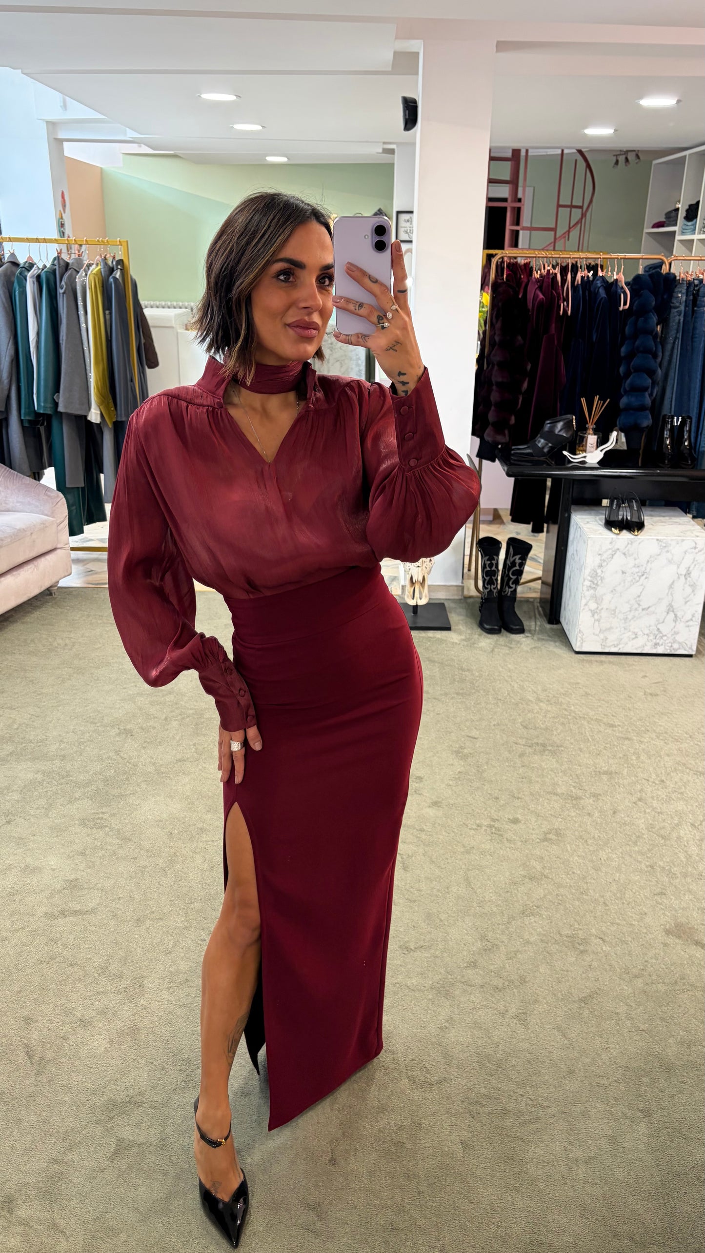 Camicia bordeaux satin con sciarpina Actualee