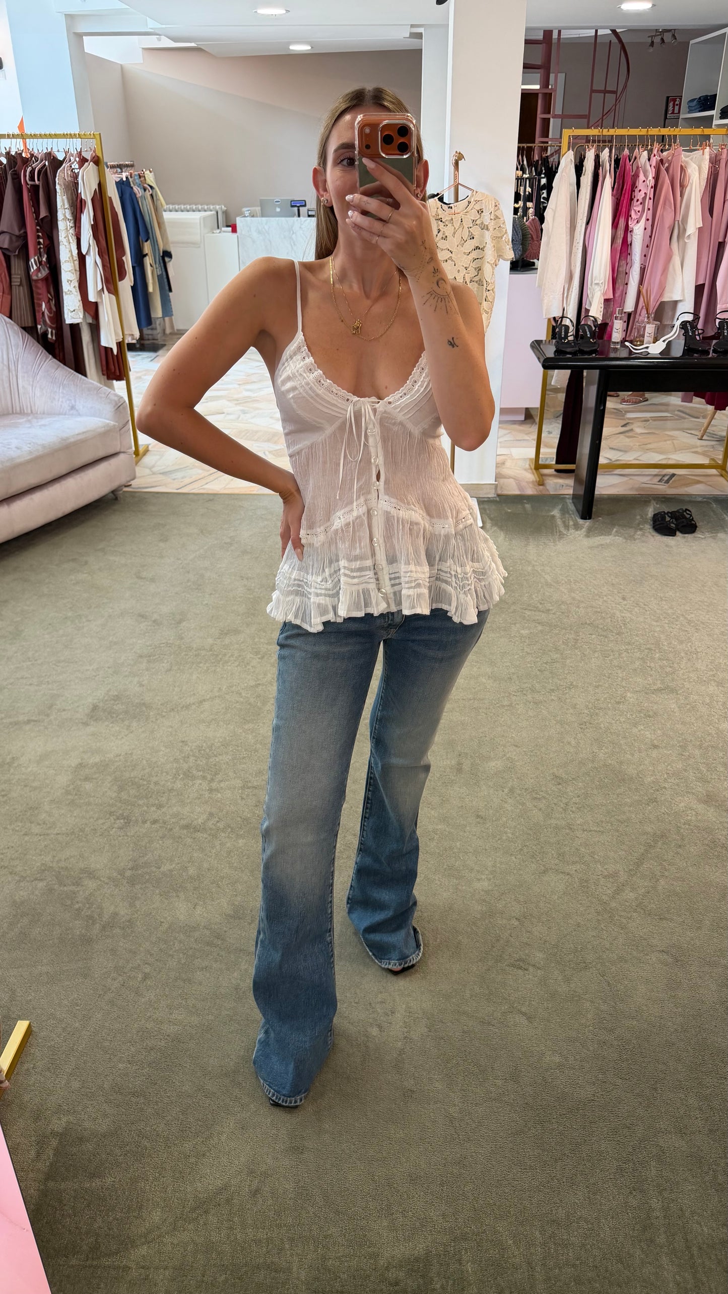 Top canotta bianca goffrata con inserti pizzo gl