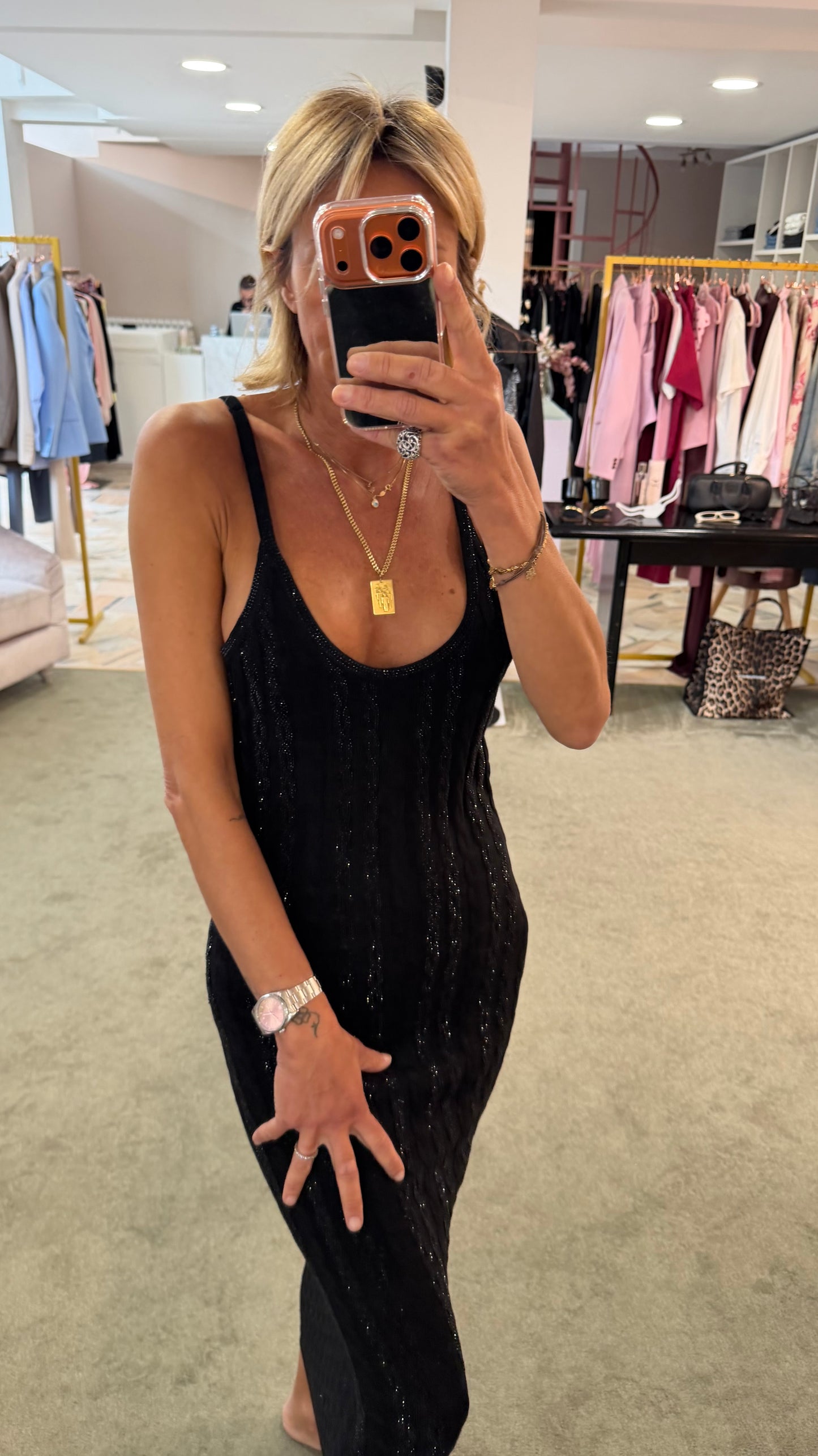 Abito midi nero in maglia con trecce crystal fr