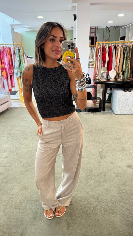 Pantaloni beige melange dritti in lino sl