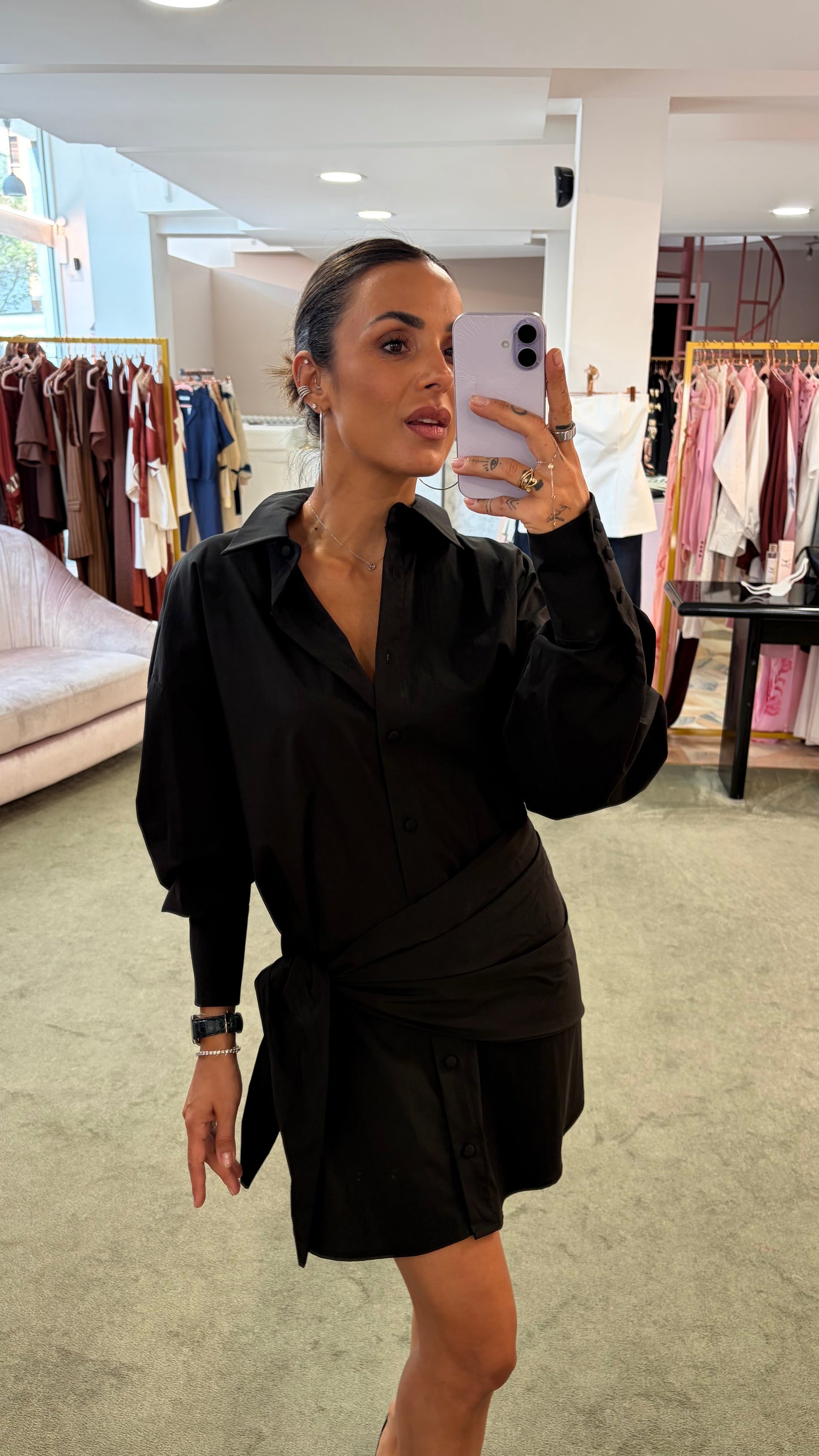 Abito camicia nero con pareo in popeline ks