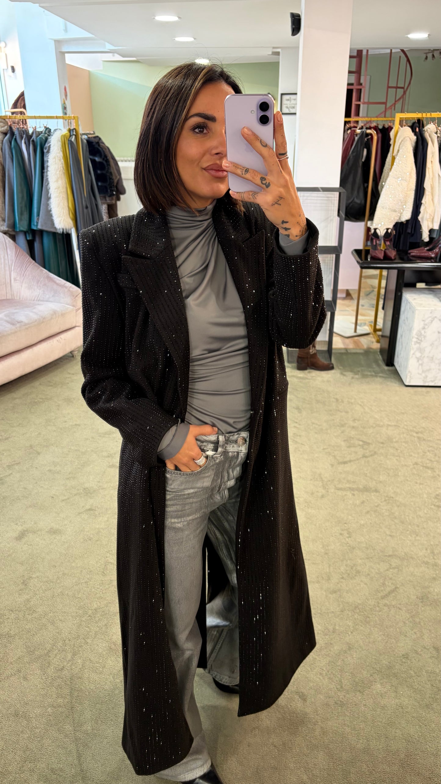 Cappotto lungo nero cristalli tw