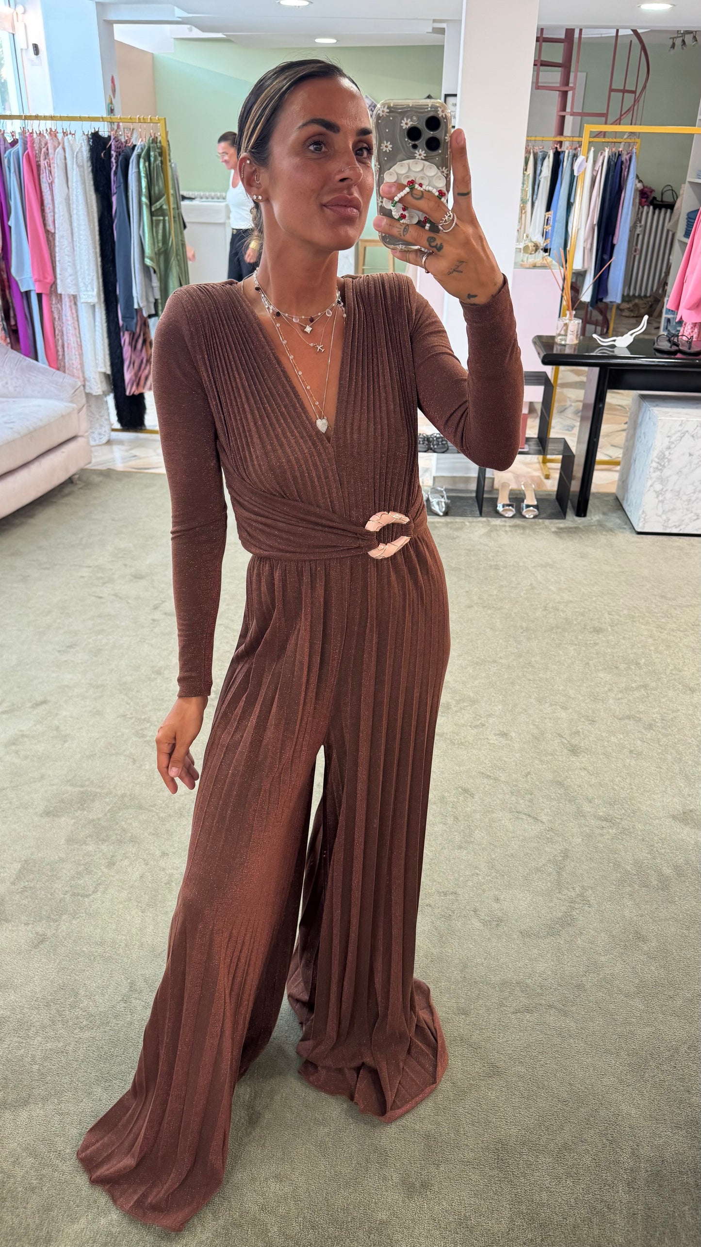 Jumpsuit marrone lurex plisse’ in maglia  fr