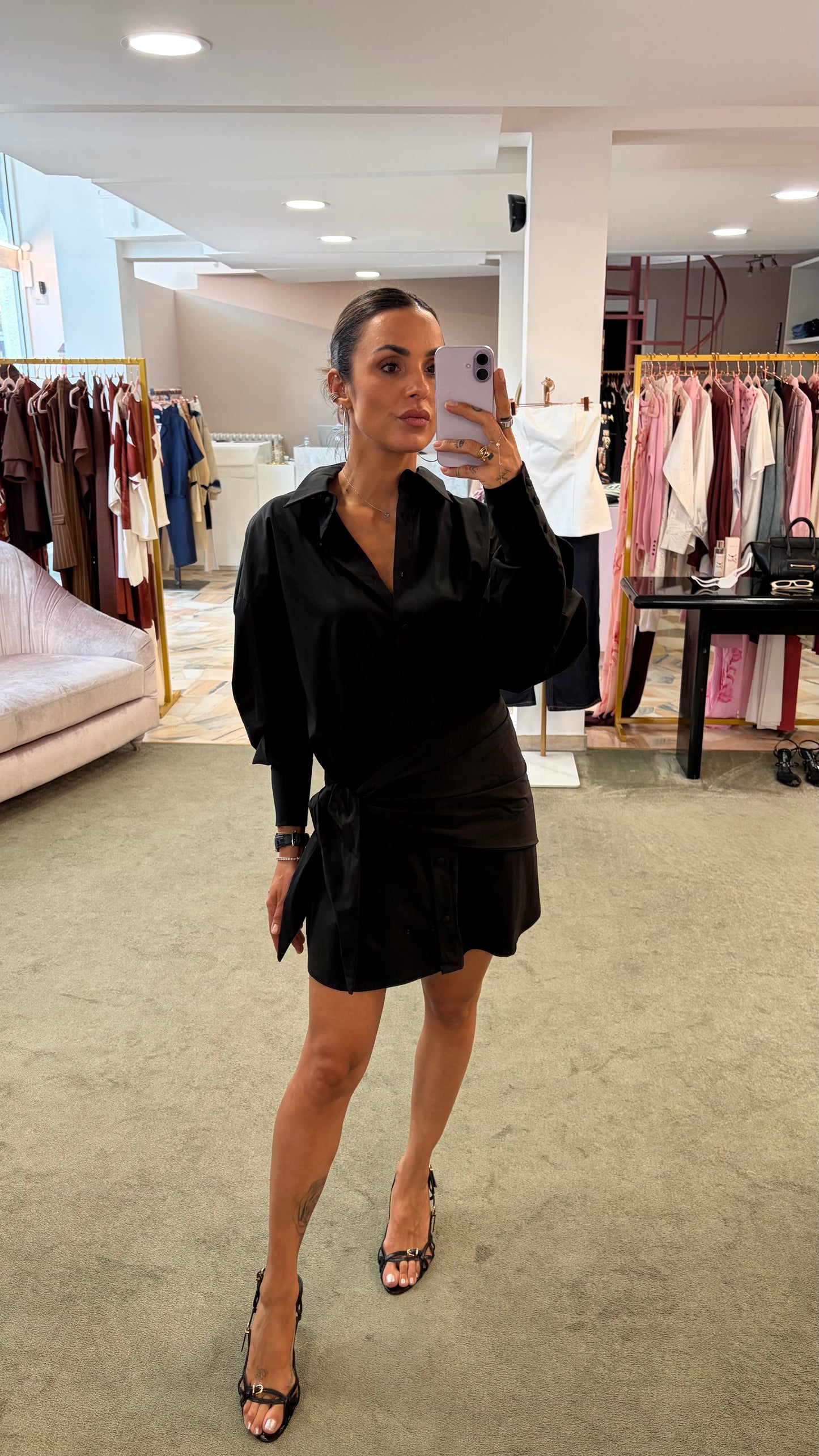 Abito camicia nero con pareo in popeline ks