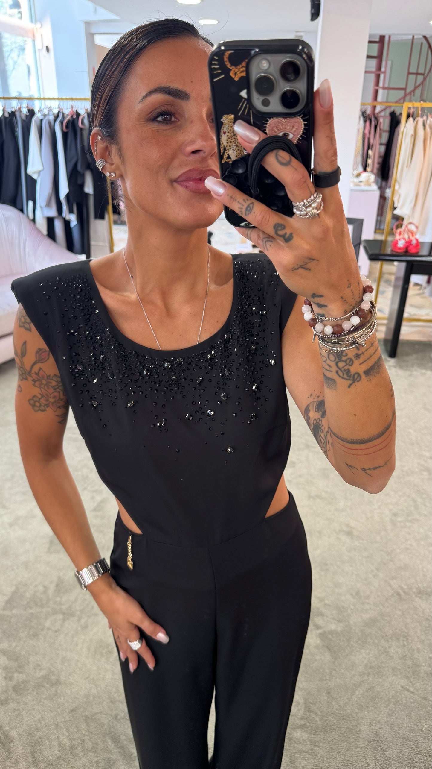 Jumpsuit nera con cristalli fr